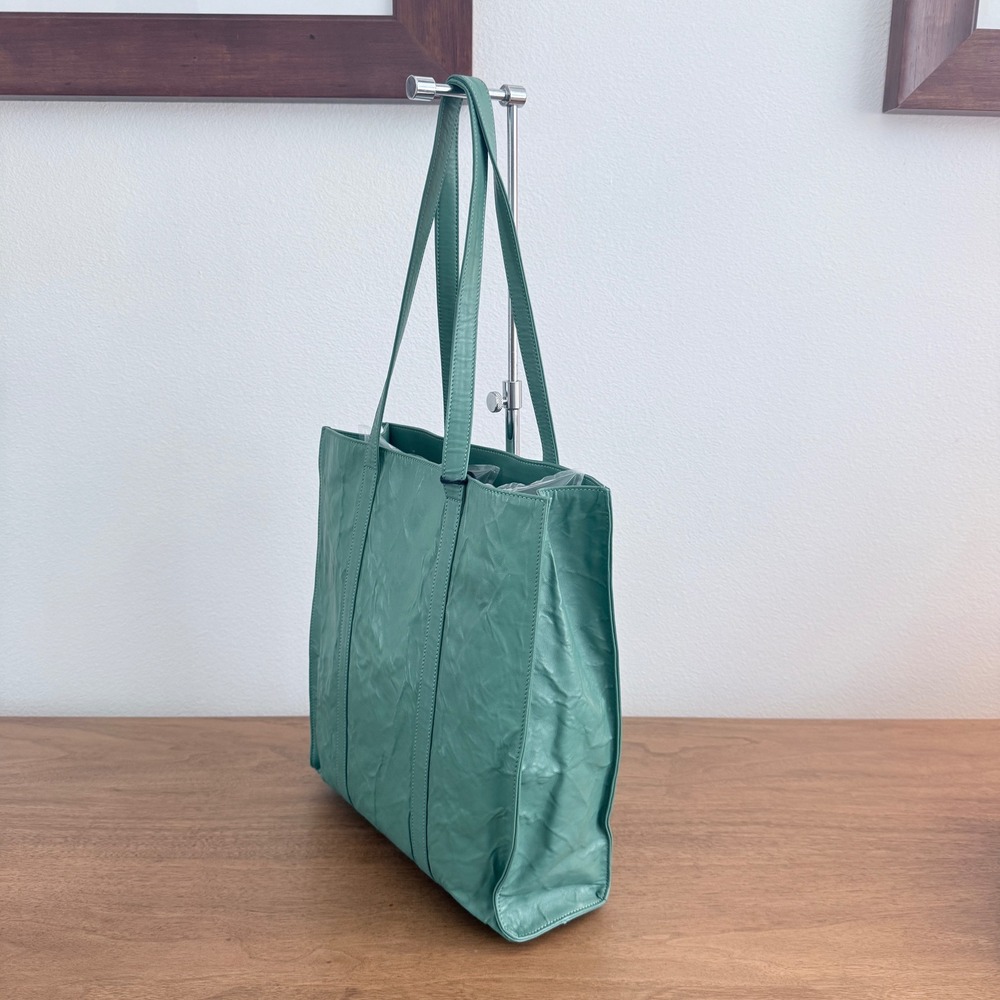Prada 1BC459 Crinkled Leather Tote Bag Teal Green Shopper Triangle Logo - Picture 5 of 16